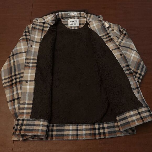 Scotch & Soda Sherpa Lined Plaid Flannel Jacket Tan Brown Mocha Men's Size M - Picture 3 of 6